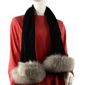 Cashmere Scarf Black Gray Fox Fur Trim One Size SKU 000359-1